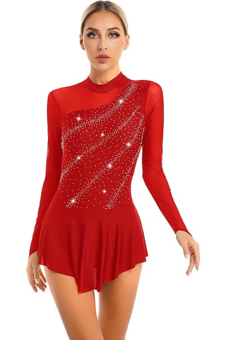Doomiva Justaucorps Patinage Artistique Fille - Manches Longues Avec Strass - Taille 5-16 Ans - Danse Gymnastique