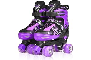 LOKJIJI Pattini a rotelle per bambini ragazze ragazzi principianti, 4 misure regolabili per bambina e bambino con ruote luminose, pattini a rotelle viola e bianco per lo sport