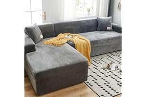 LINGKY Housse Canapé d'angle en Velours, Protection pour Canapé d'angle, Couvre Canapé d'angle avec Accoudoirs, Housse de Canapé Peninsula en Forme de L (Gris Clair,3 Places (190-230cm)