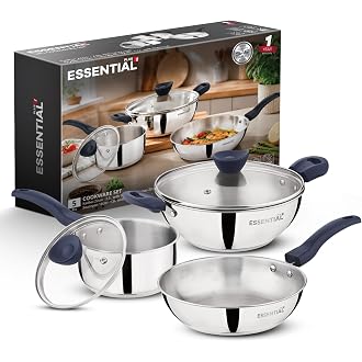 Bergner Essential Plus Stainless Steel 5 Pcs Cookware Set - 22cm/2.5L Kadai with Lid, 22cm Frypan, 16cm/1.5L Saucepan with Lid