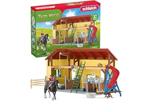 schleich FARM WORLD | Stajnia dla koni 42485 | Zestaw ze stajnią, 2 końmi, 5 zwierzętami, 2 figurkami rolników, zjeżdżalnią, huśtawką | Prezent dla dzieci | Zabawka farma od 3 lat | 82 elementy