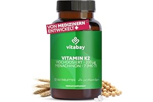 ‎VITABAY Vitabay Vitamin K2 Hochdosiert 200 µg (mcg) - 365 Vitamin K2 Tabletten Vegan & Laborgeprüft - MK-7 (Menachinon-7) aus natürlichen Zutaten in All-Trans Form - Hohe Bioverfügbarkeit