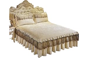 LHSJYG Bed Cover 3-Piece Bedspread on the Bed, Luxury Lace Bed Skirt, Thick Beautiful Bedding, Bed Sheets, Bedspreads for Home, Queen/King Size Bed (Beige, 3 Pieces 180 x 200 cm)