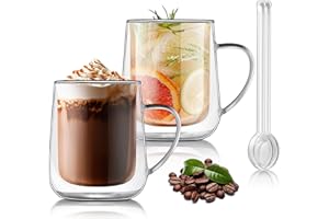Joeyan 400ml Tazas de Café de Cristal Grande,Juego de 2 Tazas de Vidrio Borosilicato con Asa,Vaso Termico Frio de Doble Pared Transparente,para Té,Cerveza,Agua,Latte,Leche,Cappuccino,Macchiato,Sidra