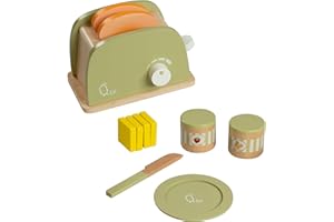 Teamson Kids Tostadora de Juguete de Madera con Accesorios de Cocina en Color Verde Little Chef Frankfurt, 11 Piezas