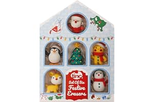 Tinc Festive Erasers | Set of 6 | Christmas House Display Box | Perfect for School, Gifting or as a Stocking Filler