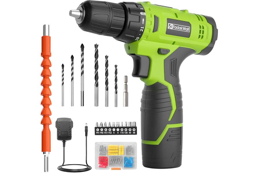 FADAKWALT 12V CordlessDrill, Battery Power Drill Drivers, 3/8” inch Keyless Chuck, Electric Screwdriver Kit, 21+1 Torque Setting, Combi Drill with Li-Ion Battery and Charger(Green)