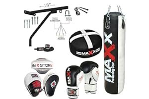 MAXX PRO BOXING GEAR MAXX Boxing SET BLACK WHITE 5FT Punch bag Set Heavy Filled Bag With Gloves Bracket Focus Pad, floor anchor, Focus pads jabs, Full Set