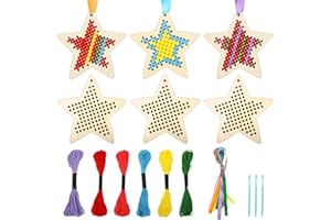 JSRQT 6 Stück Holz Kreuzstich Set Wooden Cross Stitch Kits Stern DIY Kinderkunst aus Bastelsets für Kinder Anfänger Holznähen Basteln und Nähen