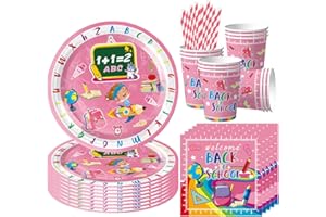 AUGESAK 68 Stück Einschulung Partygeschirr Set für 16 Schulkind, Pappteller Einschulung Servietten Becher, Schulanfang Deko Party Tischdeko Zubehör Mädchen