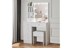 Teousev Dressing Table with Mirror and Stool, Vanity Desk with LED Lights Mirror, 3 colors, Adjustable Brightness, Makeup Desk with Drawers and Open Shelves, Bedroom Dresser (Crystal Handle)