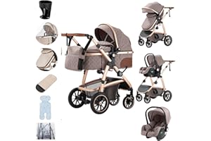Zkiprm Baby Stroller 3-in-1, Travel System Includes Car Seat, Pushchair and Pram, Compact Stroller with Adjustable Armrests, Impact Protection, Landscape High Aluminum Frame Khaki
