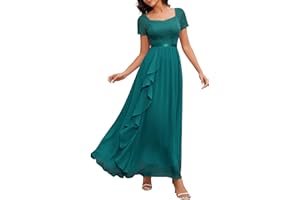 Wedtrend Elegancka sukienka wieczorowa, długa, na wesele, kwadratowa sukienka z koronką, linia A, sukienka z falbankami, szyfonowa