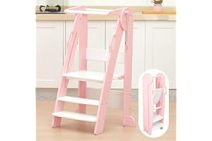 FUNLIO Lernturm Klappbar für Kinder, 3-Stufig Höhenverstellbarer Learning Tower für Kleinkind von 2–6 Jahren, Kinder Lernturm Montessori mit Sicherheitsgeländer, Einfach zu Montieren - Rosa