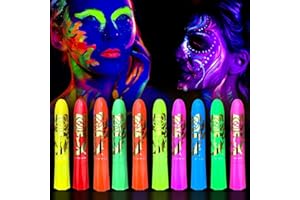 ZILZUFA Peinture Fluorescents UV, 10 Crayons De Peinture UV Néon Pour Le Visage Et Le Corps, Lavables Non Toxiques Bâton de Peinture au Néon UV, Pour Festival, Mardi Gras, Halloween, Maquillage