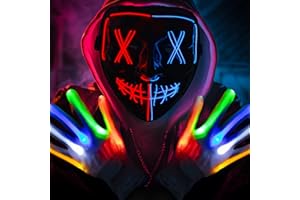 Fulybao Halloween Mask, Scary LED Purge Mask, 3 Modes Light UP Mask & 6 Modes Glow Gloves, 2 Lights Led Halloween Mask, Purge Halloween Costume for Men Women Kids, Cosplay Horror Props Party Gifts