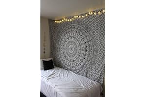 Popular Handicrafts Tapisserie hippie noire et blanche à motif mandala, collage pour dortoir, plage, art mural, tenture murale, tapisserie bohème, couvre-lit (lit double (215 x 230 cm), noir et blanc