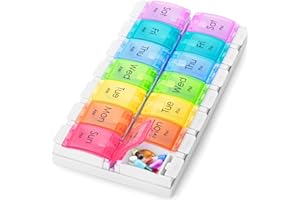 Boxsik - Pill Box Organiser - Rainbow Tablet Box - 7-Day 2 Times a Day Medicine Storage Case w/Push Button Opener, Weekly Pills Container