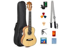 Kmise Concert Ukulele Set Solid Spruce Top Mahogany Ukelele 23 inch 4 String Classical Guitar Head with Gig Bag Tuner Strap Capo Picks Clean Cloth Songbook Rhythm Shaker