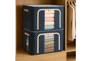 JD FRESH 2 Pcs 66 Liters Foldable Steel Frame Cloth Organizer for Storage/Wardrobe Organizer for Storage/almirah organizer for Sarees/Shirts/Blankets/Clothes Storage Box with Handle - (Blue)