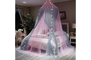 LILOVE Grand Romantique Filles Princesse Moustiquaire Ronde Dôme Rideau Lit À Baldaquin Dentelle Literie Tente, pour 0,9M - 2M Lit Taille Universelle,Pink+Gray
