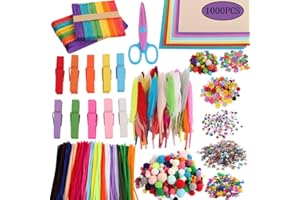 AMASAWA 1000 Pezzi Lavoretti Creativi per Bambini,Glitter Palla Pompon e Scovolini Pipa Ciniglia,Scovolini Pipa Ciniglia Materiale Kit ,Tra cui Carta Spugna A4, Palle per Capelli, Piume, Paillettes Ecc