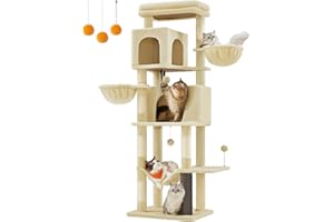 Feandrea Large Cat Tree, 175 cm Tall Cat Tower, Multi-Level Cat Condo with 2 Caves, 2 Baskets, 5 Scratching Posts, Self-Groomer, Perch, Hammock, for Indoor Cats, Sand Beige PCT182Y01