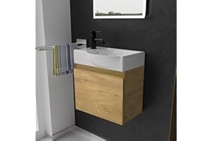 ‎ALPENBERGER GERMANY Alpenberger Waschtisch mit Unterschrank | Gäste WC Waschbecken Klein 45 cm Breit | Aufsatzwaschbecken Waschbeckenunterschrank | Badmöbel Set Hängend | Waschtischunterschrank Eiche Natur