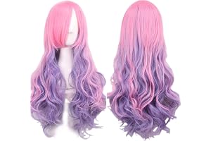 MUNSKT peruk svart lång, 60 cm långt lockigt fullt hår, peruker kvinnor kvinnor, cosplay kostym för karneval (rosa