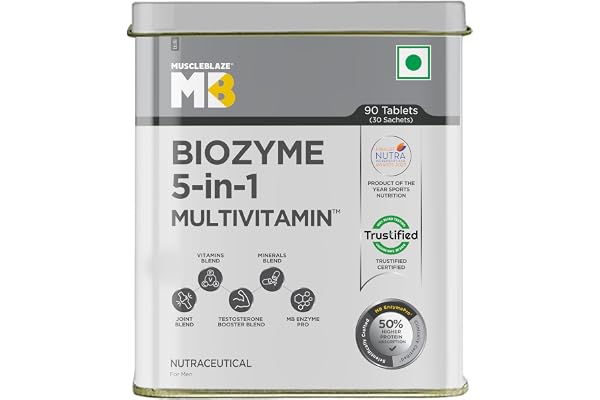 MuscleBlaze Biozyme Daily Multivitamin (90 Tablets) 5-in-1 Supplement with Vitamins, Minerals, Joint, T-Booster Blend