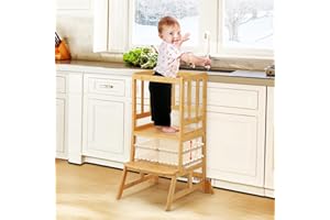 ‎COSYLAND COSYLAND Höhenverstellbarer Lernturm ab 18 Monaten - Kinder Learning Tower-Lernturm für Küche und Kinderzimmer mit Kippschutz, rutschfesten Matten, 2 Stufen und Sicherheitsbügel, Bambus, Holzfarbe