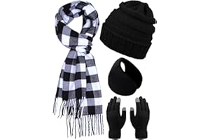 ANECO Winter Warm Knitted Sets Buffalo Plaid Scarf Beanie Hat Touch Screen Gloves and Winter Ear Warmer Set for Men or Women