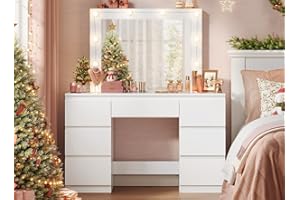 WOLTU Vanity, Tocador de Maquillaje, Tocador con Espejo y Luz LED, Luz Ajustable, con 7 Cajones, para Dormitorio, Sala de Belleza y Vestidor, 110x39,5x140,5 cm, Blanco, MB6099ws