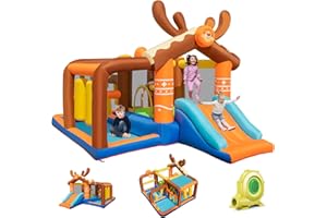 GOPLUS Château Gonflable XXL pour 4 Enfants 3-10 Ans Forme Wapiti Renne Noel Aire de Jeux Gonflable avec Trampoline, Toboggan et 2 Piscine Jeu de Boxe,Basket, Charge120kg(Renne avec Souffleur 450W)