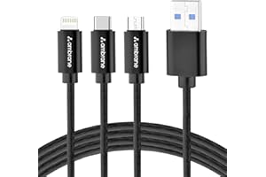 Ambrane Unbreakable 3 in 1 USB Fast Charging Cable with Type C, Lightning, Micro USB Port with 2.1 A, Compatible with iPhone,