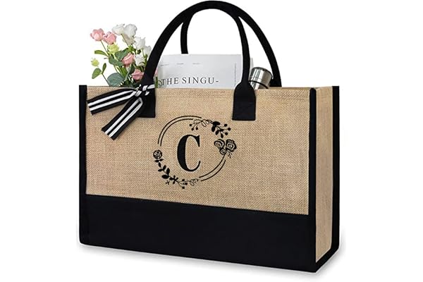 Soulnioi Sac fourre-tout réutilisable en toile de jute et de coton, sac de courses personnalisé avec lettres imprimées pour femme/homme, sac de plage réutilisable en toile pour le