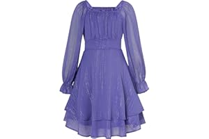 GRACE KARIN Robe Fille Élégante Manches Longues Col Carré Taille Élastique Coupe Évasée