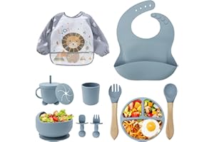 VACVAD Baby Weaning Set, 11PCS Silicone Baby Plate with Suction Cup, Silicone Baby Bib, Spoon, Fork & Sippy Cup, Baby Tableware - Baby Dinnerware Set, Baby Gifts & Presents (Blue)