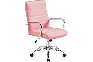Yaheetech Silla Giratoria de Oficina Sillón de Trabajo con Respaldo Tapizado Asiento Sintético Altura Ajustable Rosa