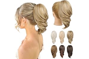 REECHO Ponytail Extension - 12" Short Claw Clip in Ponytail Hair Extension Wavy Clip in Ponytail Natural Soft Synthetic Pony Tail Hair Pieces for Women (Golden Blonde with Highlights)