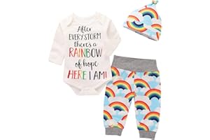Juflam Neugeborene Baby Jungen Mädchen Strampler+Regenbogen Hosen+Hut 3 tlg Babykleidung Set