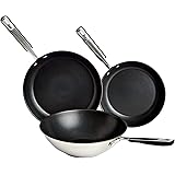 Amazon Basics 3-teiliges Brat- und Wokpfannen-Set mit Antihaftbeschichtung, induktionsgeeignet, mit bequemem Griff, Edelstahl