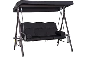 ‎OUTSUNNY Outsunny 3-Sitzer Hollywoodschaukel Gartenschaukel mit Sonnendach Kissen Metall Polyester Schwarz 116 x 206 x 183 cm