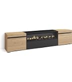 Meuble TV Avec Cheminée Électrique LED Style Moderne - Banc Télé Rangement 310x50x37 Cm - Chêne Et Noir