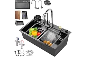 TAZZOR Évier de cuisine en acier inoxydable - Moderne - Multifonction - Cascade - Avec robinet extensible et autres accessoires - Pour le lieu de travail (60 x 45 cm)