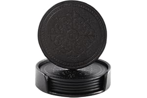 Lisrsc PU Leather Coasters Set of 6 with Holder - Black Round Drink Coasters for Coffee Table