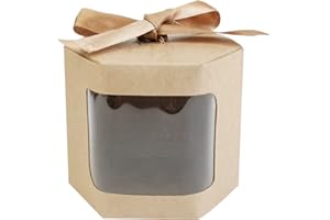 Emartbuy 24 sacchetti regalo esagonali in carta resistente, 10 x 10 x 12 cm, colore marrone, per cupcake, biscotti, muffin, torte, con finestra trasparente e nastro