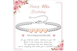 BMMYE 30th 40th 50th 60th 70th Birthday Gifts for Women,Sterling Silver Bead Bracelet with Rose Gold Heart Adjustable Silver Bracelet for Women Birthday Gifts with Card for Mum Daughter Sister Grandma