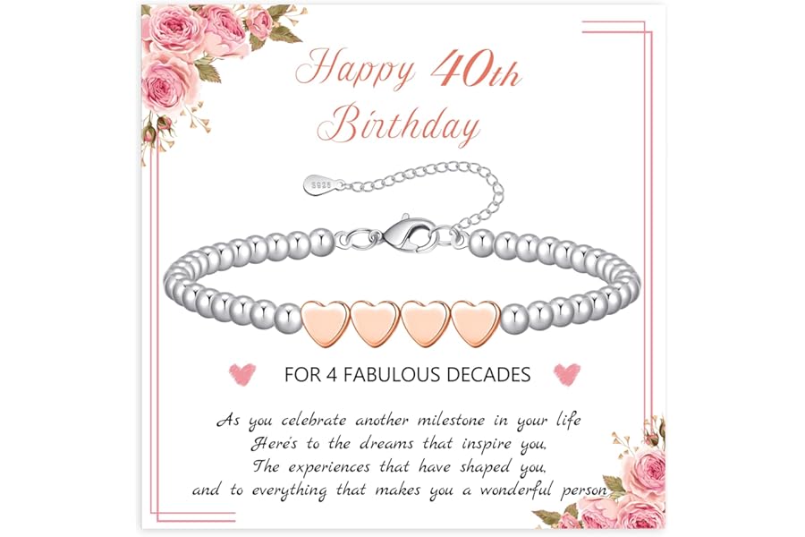 BMMYE 30th 40th 50th 60th 70th Birthday Gifts for Women,Sterling Silver Bead Bracelet with Rose Gold Heart Adjustable Silver Bracelet for Women Birthday Gifts with Card for Mum Daughter Sister Grandma