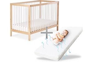 ‎EHRENKIND Ehrenkind® Babybett PUR inkl. Matratze 140x70 aus Natur Buchenholz | Natur-Weiß | Kinderbett 9-Fach höhenverstellbar mit entnehmbaren Stangen | Baby Bett